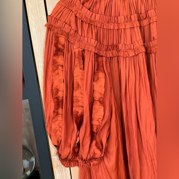 Ulla Johnson Aimee top blouse ruffle short sleeve clay rust satin tie front - Picture 11 of 12